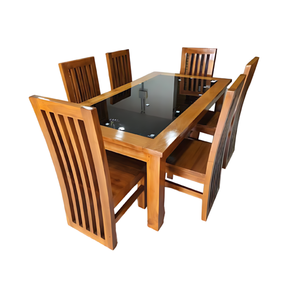 This six-chair dining table set is crafted from seasoned teak, known for its durability and rich, natural grain. The table exudes a timeless elegance with its warm, golden-brown finish that enhances the beauty of the wood. The set includes six matching chairs with gently curved backs, providing both style and ergonomic comfort. The teak construction ensures longevity, making this dining set a perfect blend of classic design and lasting quality, ideal for family meals and entertaining guests.