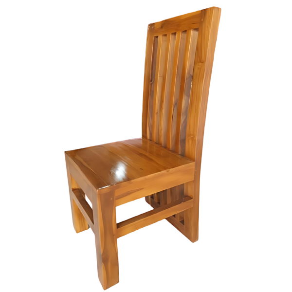 The chairs of this dining table set are beautifully crafted from seasoned teak, featuring a rich, natural finish that highlights the wood's distinctive grain. Each chair is designed with a gracefully curved backrest, offering both aesthetic appeal and ergonomic support. The sturdy construction ensures durability, while the smooth, polished surface adds a touch of elegance. These chairs are as comfortable as they are stylish, making them a perfect complement to the dining table, ideal for creating a warm and inviting dining atmosphere. The chairs are thoughtfully designed with protective bottoms to prevent scratches on tile floors. Each chair leg is equipped with non-abrasive pads or glides, ensuring they move smoothly across the floor without causing damage. This feature not only preserves the beauty of your tiles but also enhances the chairs' practicality, making them a perfect blend of style, comfort, and floor-friendly functionality.